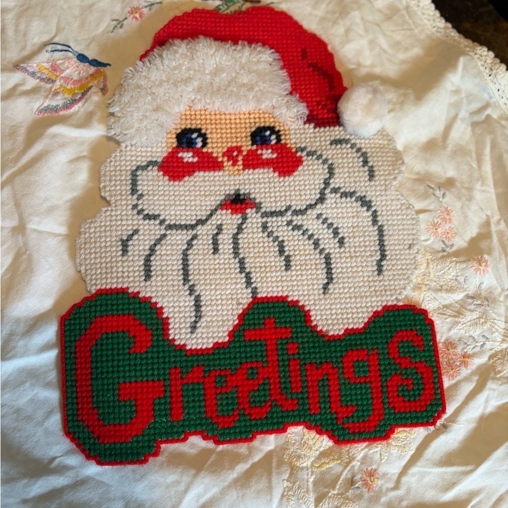 Vintage Festive Santa Cross Stitch Decor - Picture 1 of 5